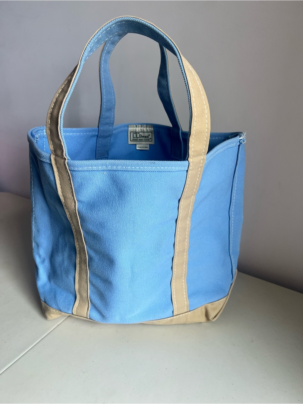 L.L. Bean Blue Canvas Tote with Tan Trim